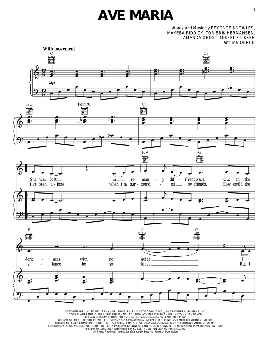 Ave Maria Piano, Vocal, Guitar scores gallery preview page 1