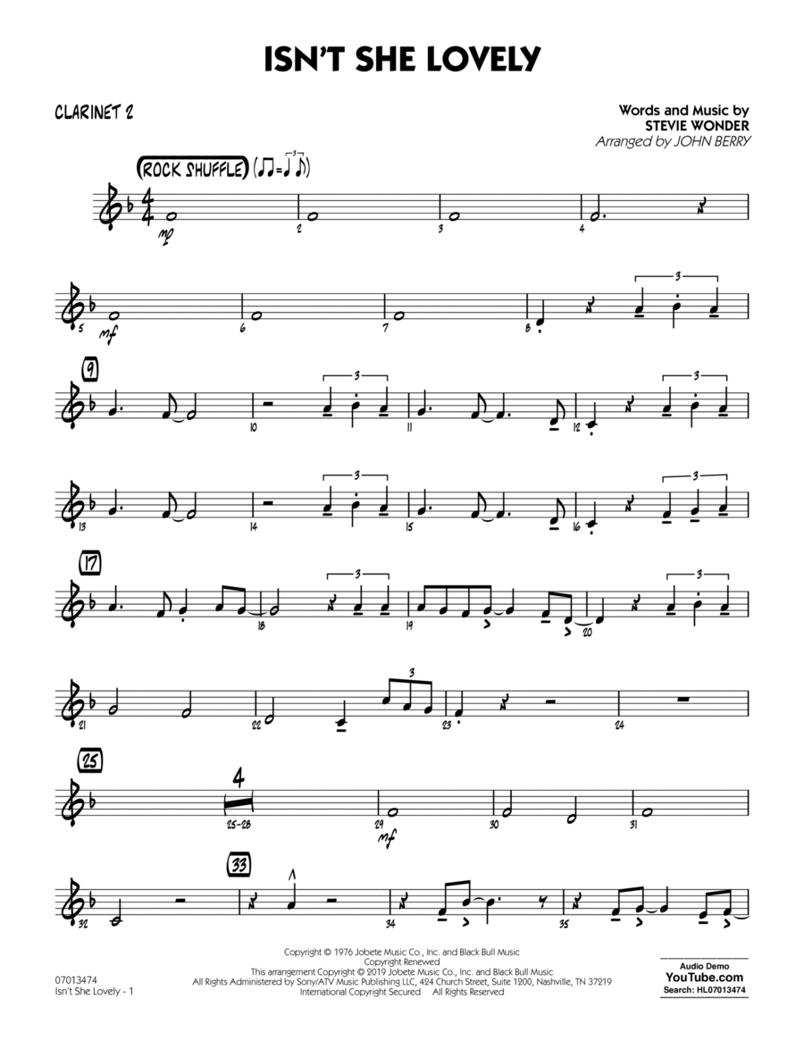 Isn't She Lovely (arr. John Berry) - Bb Clarinet 2 Jazz Ensemble scores gallery preview page 1