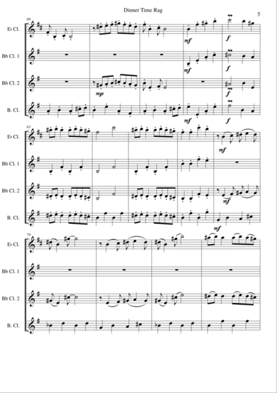 Dinner Time Rag for clarinet quartet (1 E-flat Clarinet, 2 B-flat clarinets, 1 bass clarinet) Clarinet Quartet scores gallery preview page 5