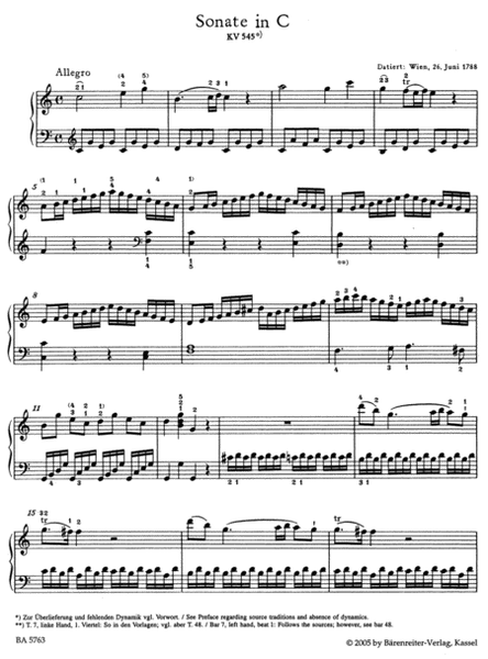 Sonata for Piano C major KV 545 'Facile'