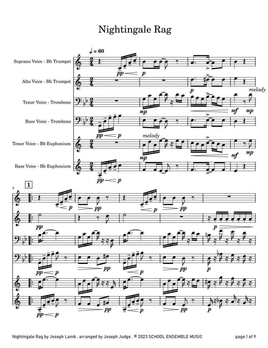 Nightingale Rag by Joseph Lamb for Brass Quartet in Schools Brass Quartet scores gallery preview page 1