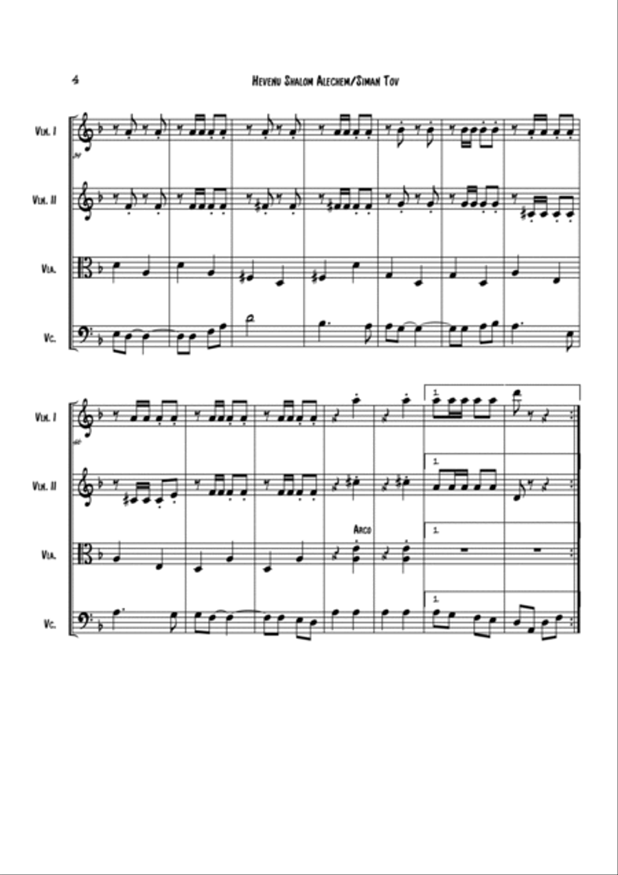 Hevenu Shalom Aleichem/Siman Tov String Quartet scores gallery preview page 4