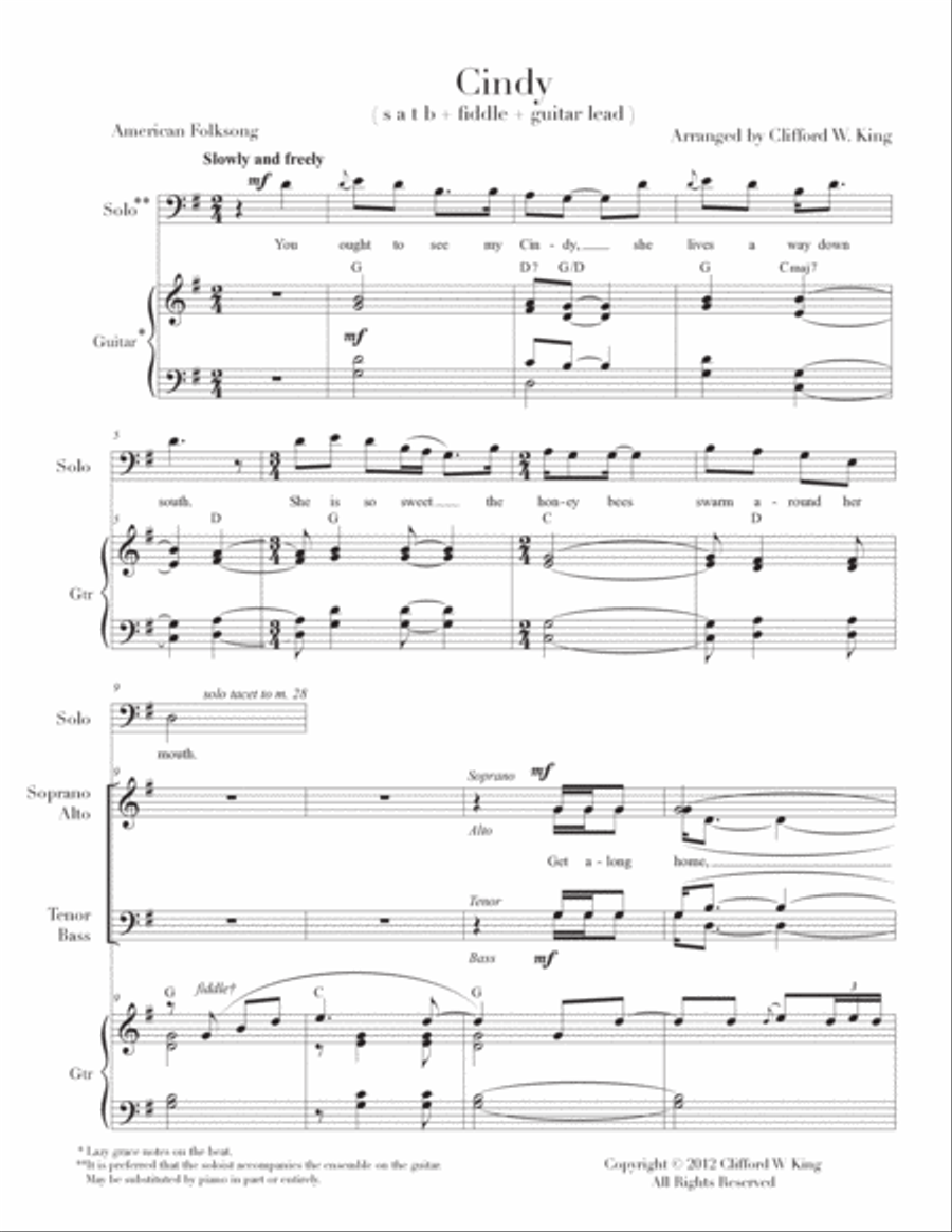 Cindy ( s a t b + guitar + fiddle [or piano] ) 4-Part scores gallery preview page 2
