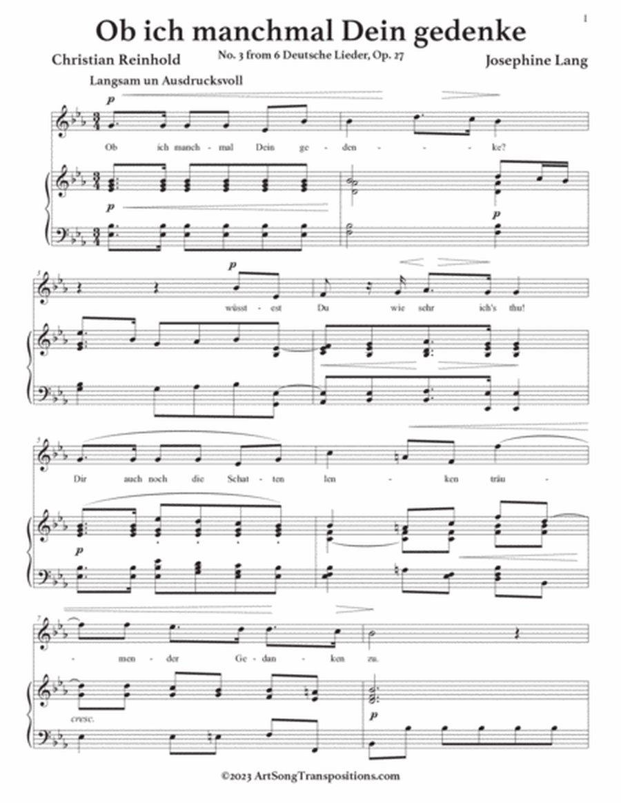 LANG: Ob ich manchmal Dein gedenke, Op. 27 no. 3 (transposed to E-flat major)