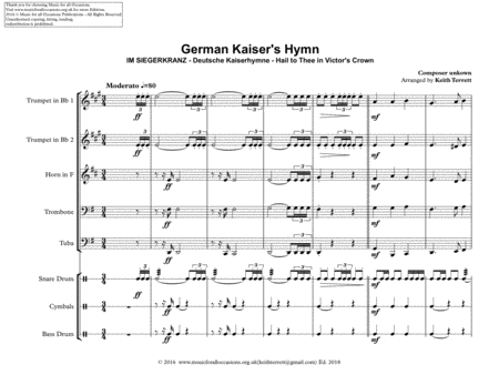 German Kaiser's Hymn ("Heil dir im Siegerkranz" ) for Brass Quintet & Percussion image number null