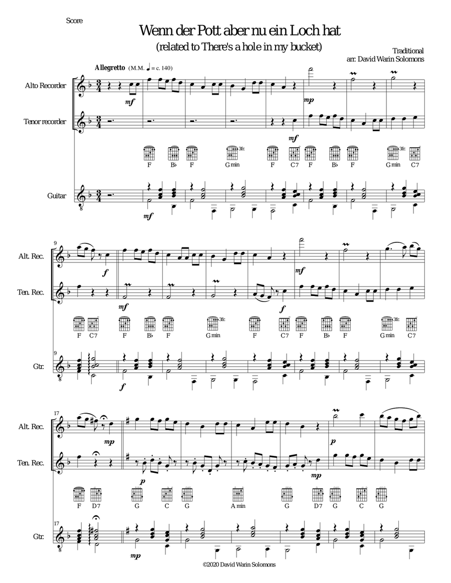 Wenn der Pott aber nu ein Loch hat (There's a hole in my bucket) alto and tenor recorders, guitar Small Ensemble scores gallery preview page 1