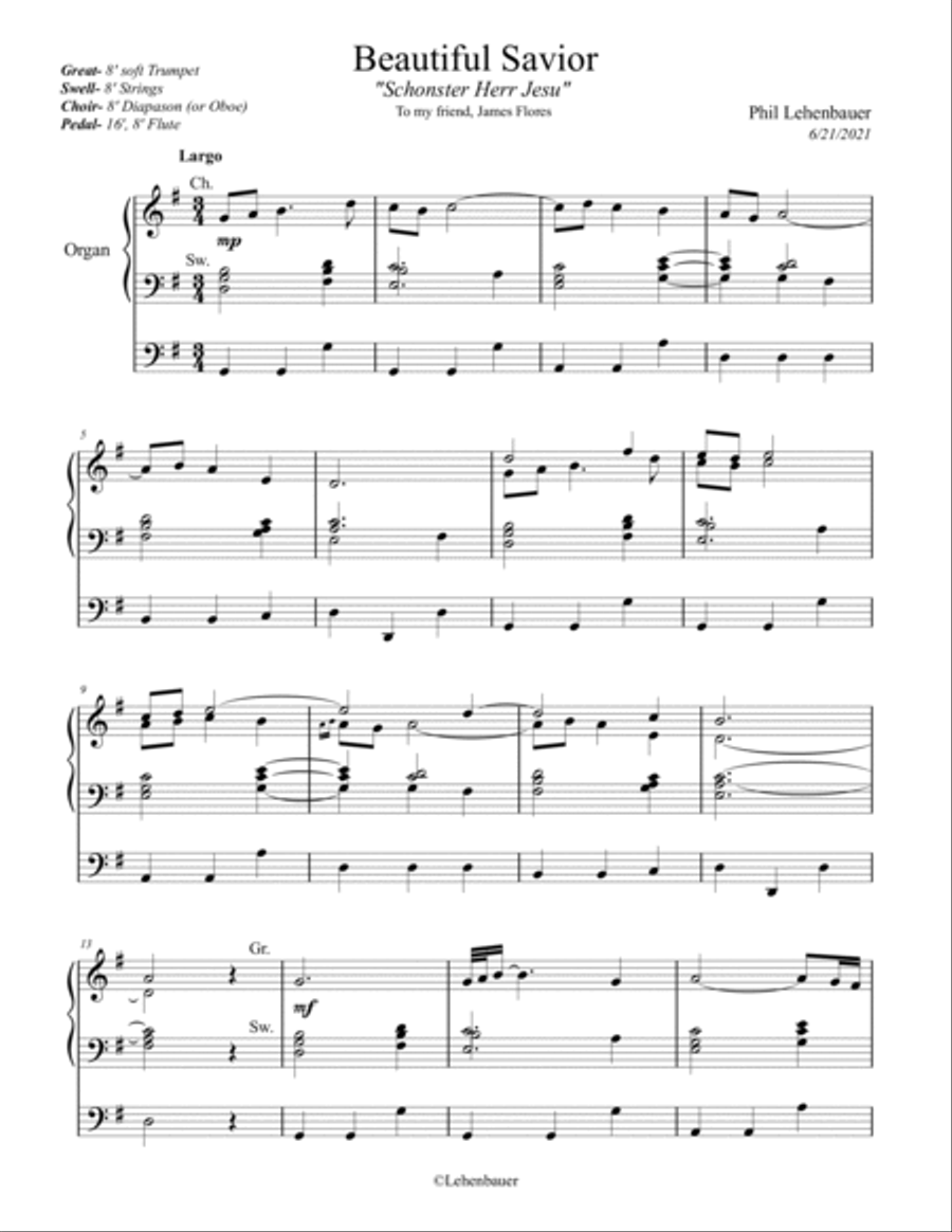 Beautiful Savior (Schonster Herr Jesu/Crusader's Hymn), organ work by Phil Lehenbauer Organ Solo scores gallery preview page 2