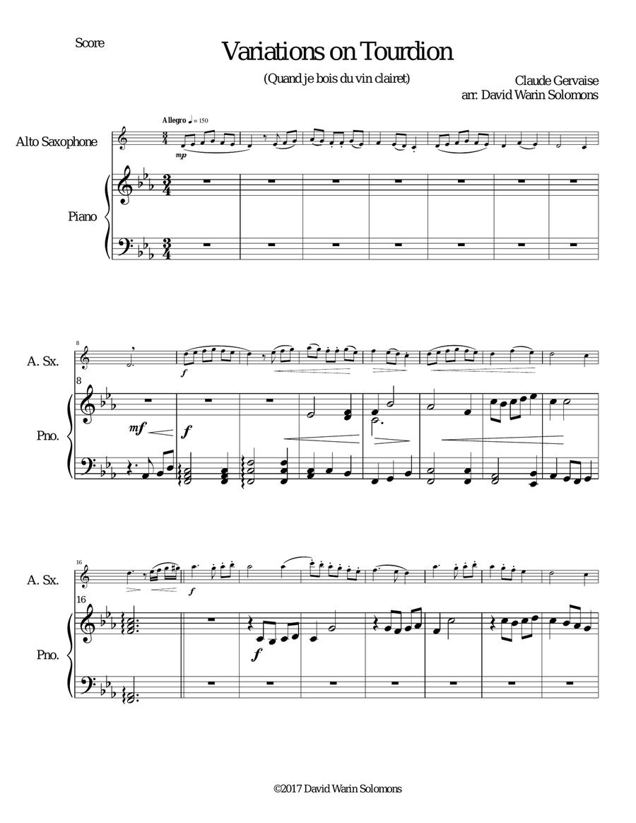 Tourdion (Quand je bois du vin clairet) for alto saxophone and piano Alto Saxophone scores gallery preview page 1
