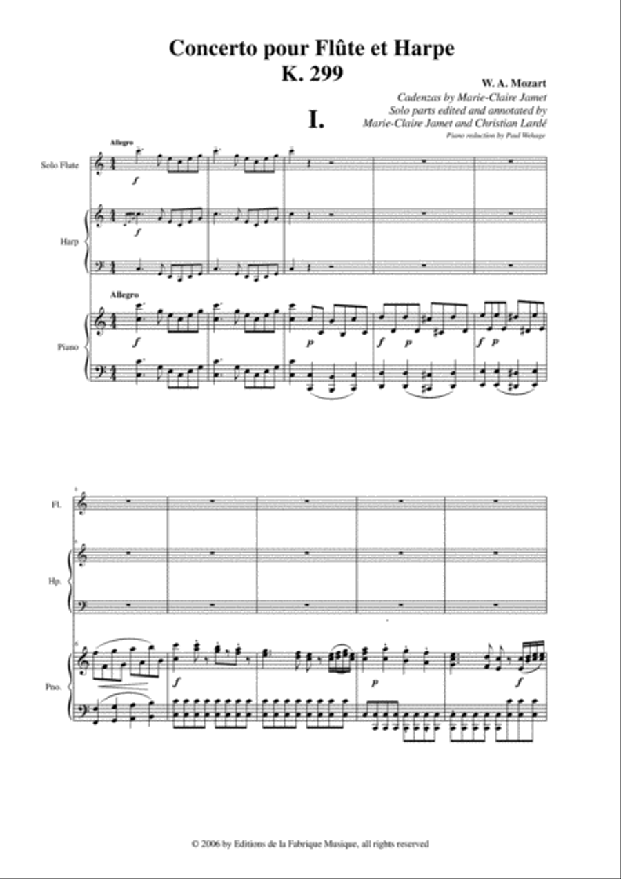 Wolfgang Amadeus Mozart: Concerto for flute and harp, K. 299, piano reduction and solo parts