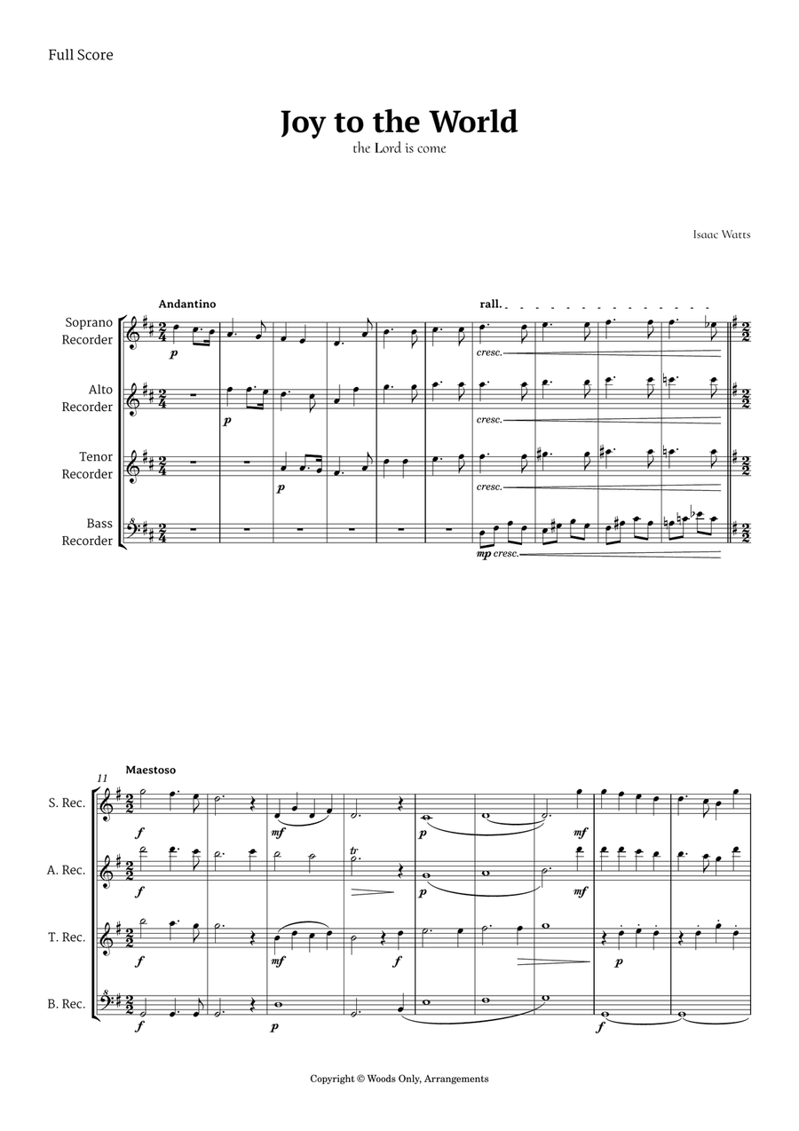 Book cover for Joy to the World by for Recorder Quartet