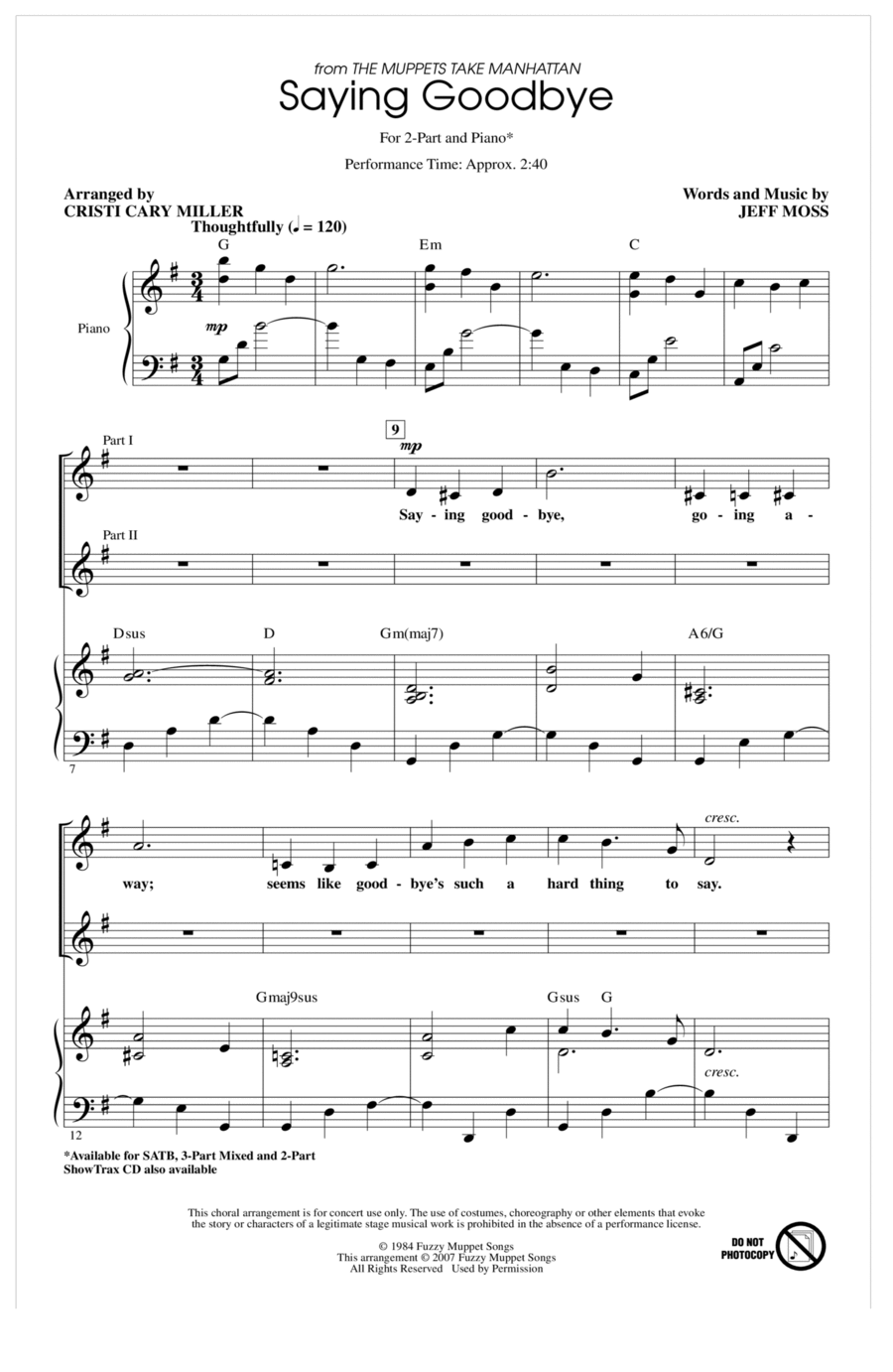 Saying Goodbye (from The Muppets Take Manhattan) (arr. Cristi Cary Miller) 2-Part scores gallery preview page 1