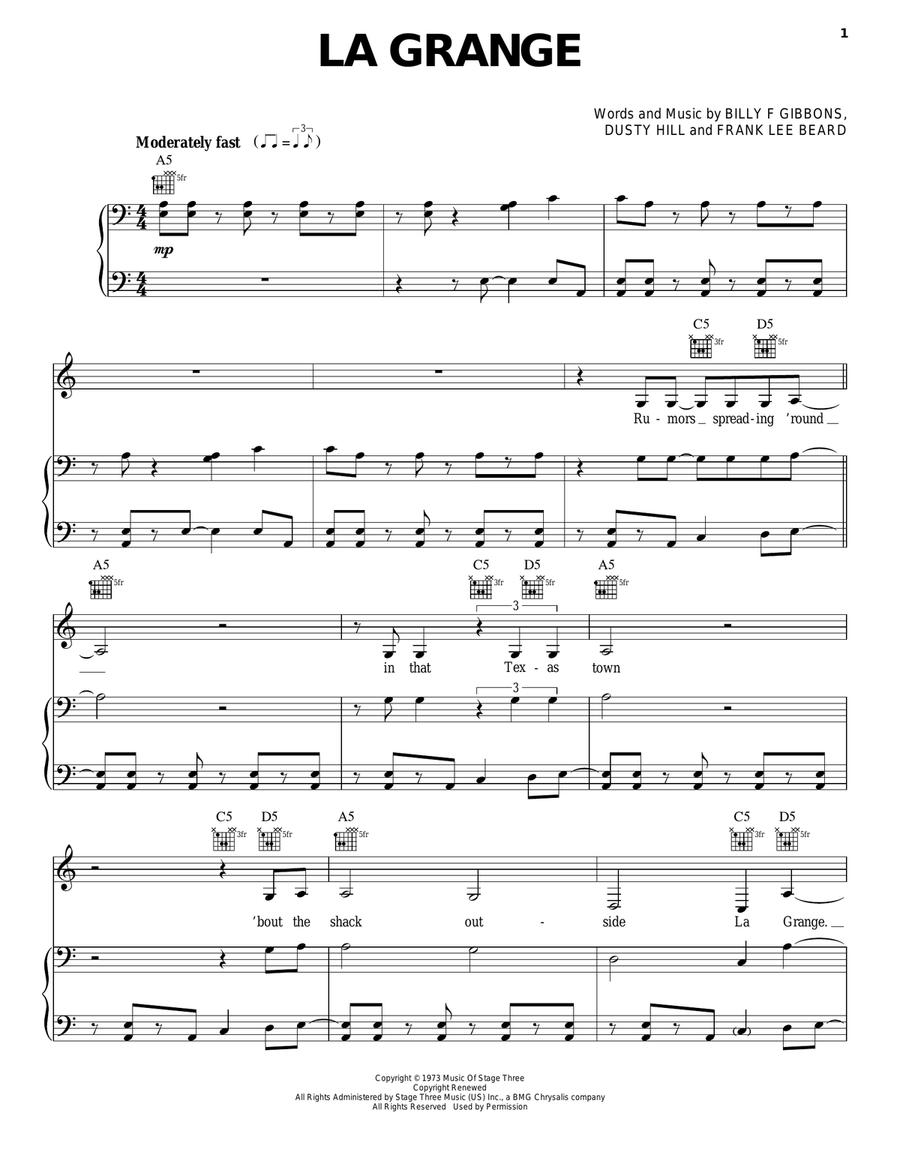 La Grange Piano, Vocal, Guitar scores gallery preview page 1