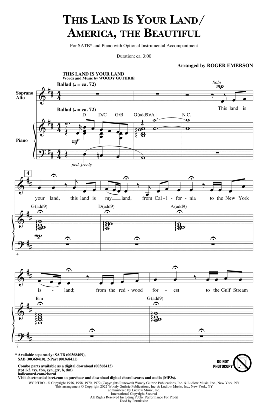 This Land Is Your Land/America, The Beautiful 4-Part scores gallery preview page 1