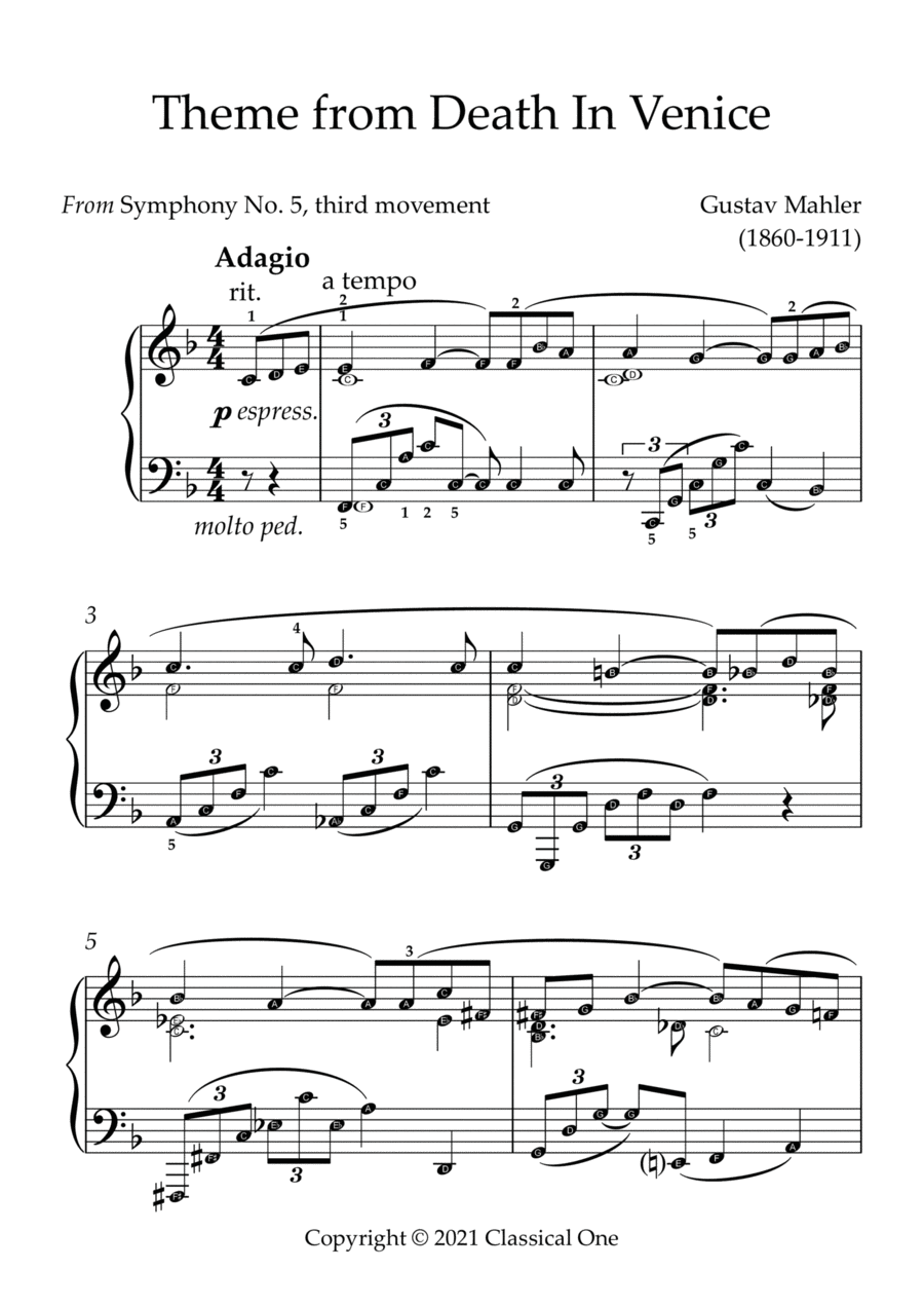 Mahler - Theme from Death in Venice(With Note name) Easy Piano scores gallery preview page 1