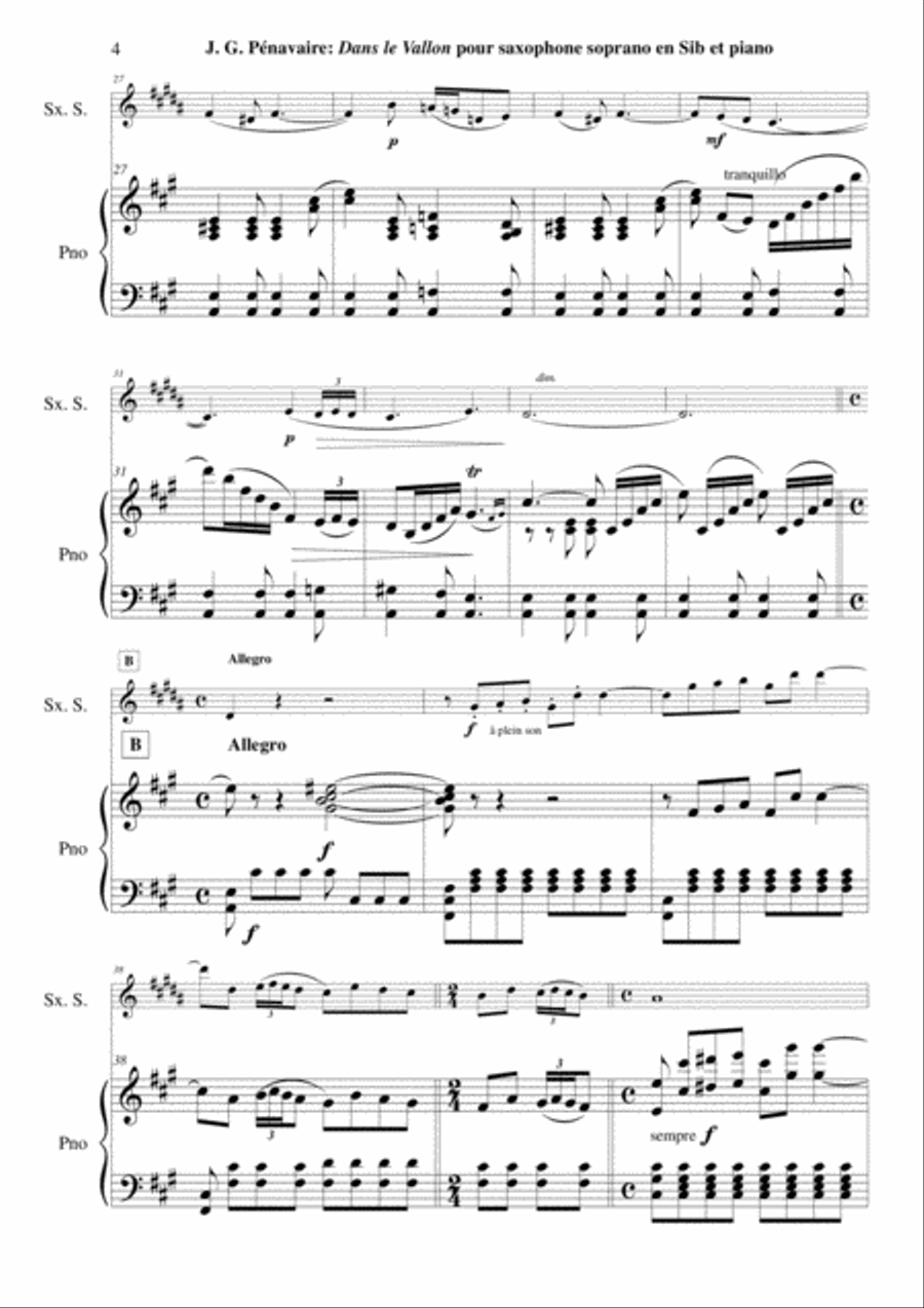 Jean-Grégoire Pénavaire: Dans le Vallon, Villanelle arranged for Bb soprano saxohone and piano Soprano Saxophone scores gallery preview page 4