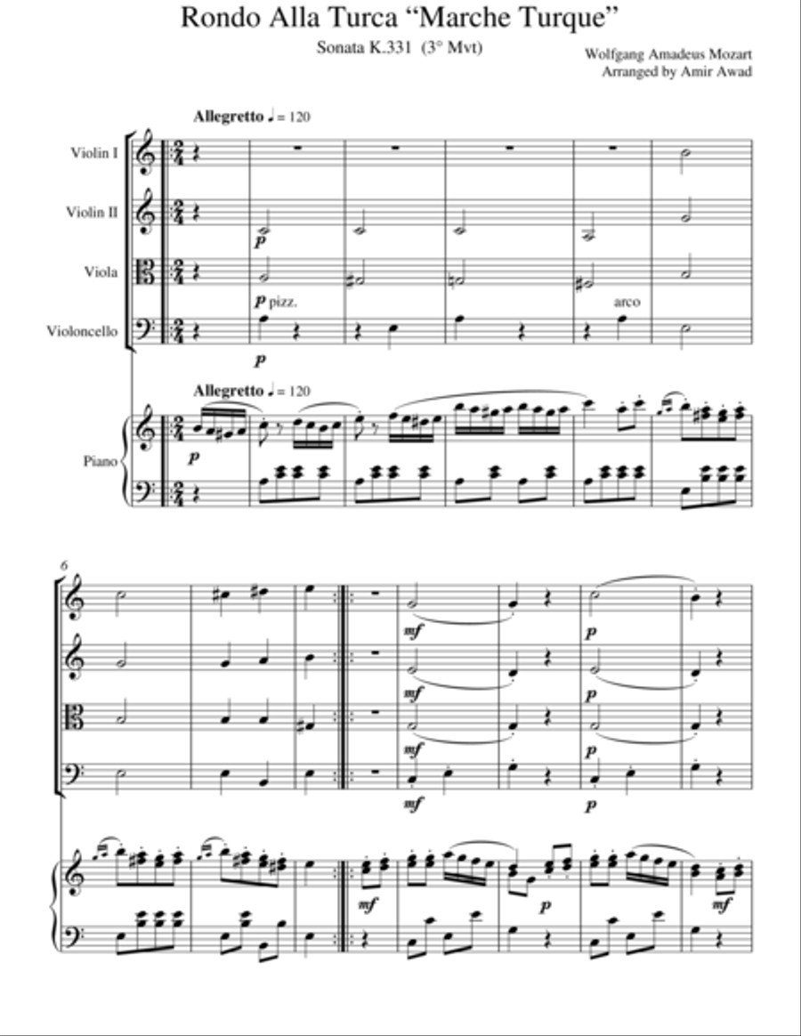 Mozart Turkish March arranged for Piano and String Orchestra Chamber Orchestra scores gallery preview page 1