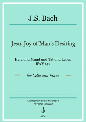 Jesu, Joy of Man's Desiring - Cello and Piano - W/Chords (Full Score and Parts)