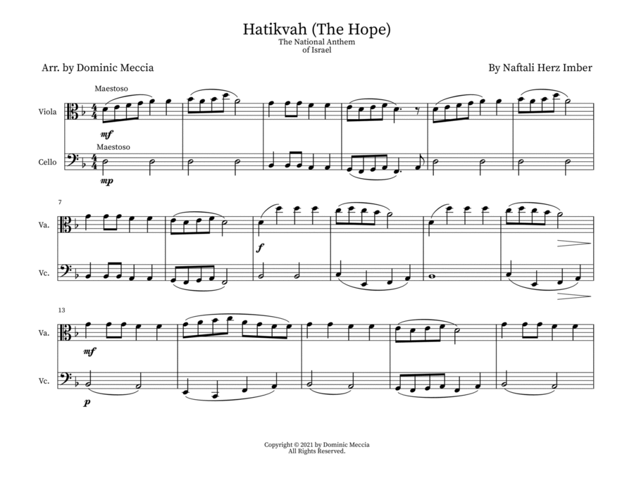 Hatikvah (The Hope) The National Anthem of Israel- Viola and Cello Duet image number null