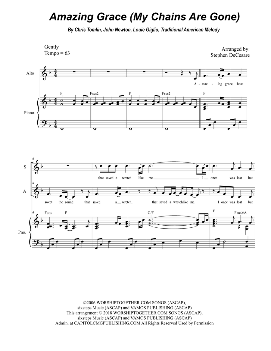 Amazing Grace (my Chains Are Gone) Vocal Duet scores gallery preview page 1