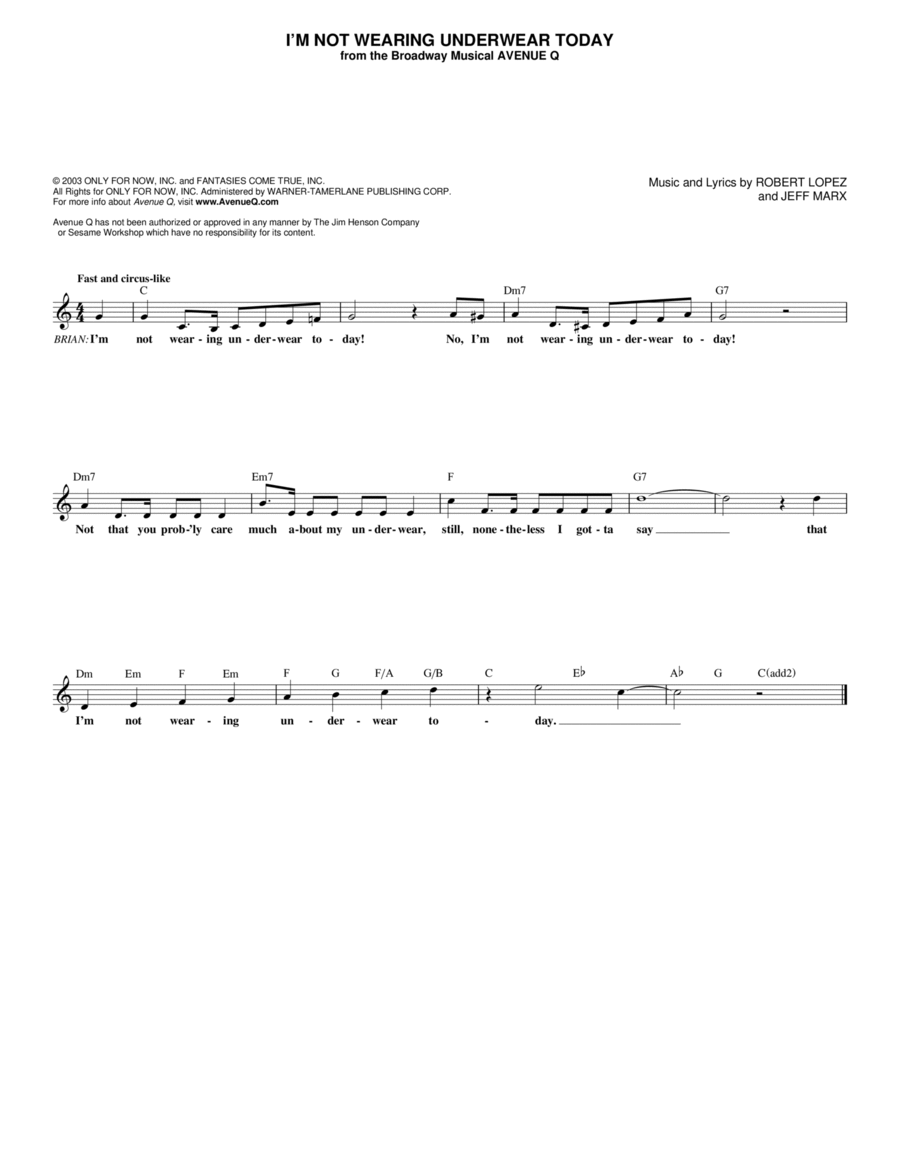 I'm Not Wearing Underwear Today (from Avenue Q) Piano scores gallery preview page 1