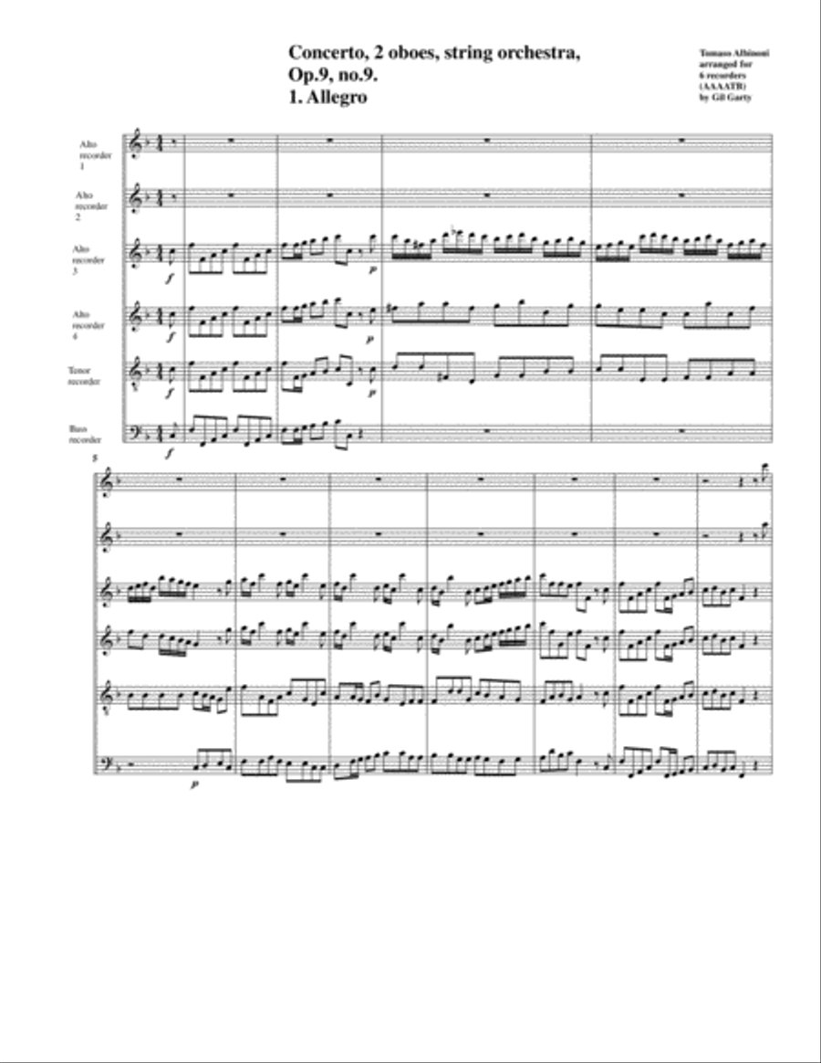 Concerto, 2 oboes, string orchestra, Op.9, no.9 (Arrangement for 6 recorders)