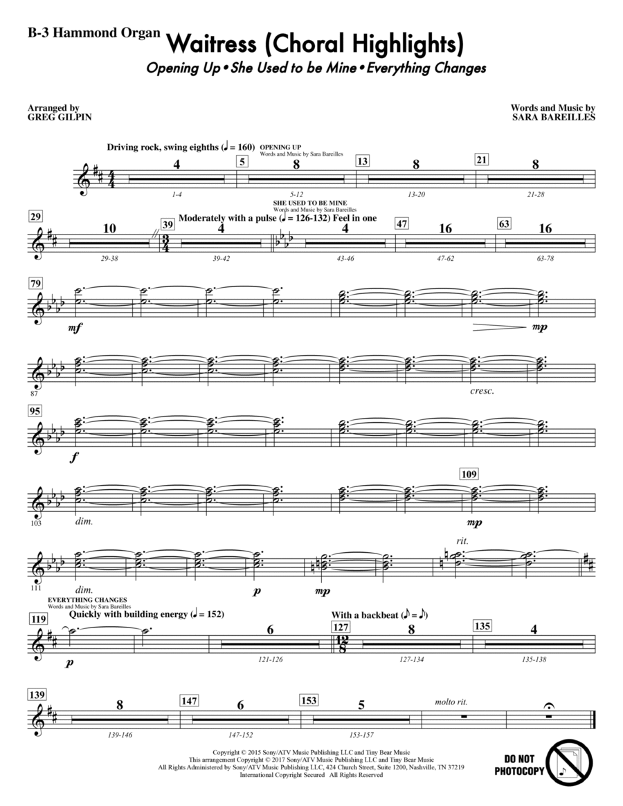 Waitress (Choral Highlights) (arr. Greg Gilpin) - Hammond Organ Choir scores gallery preview page 1