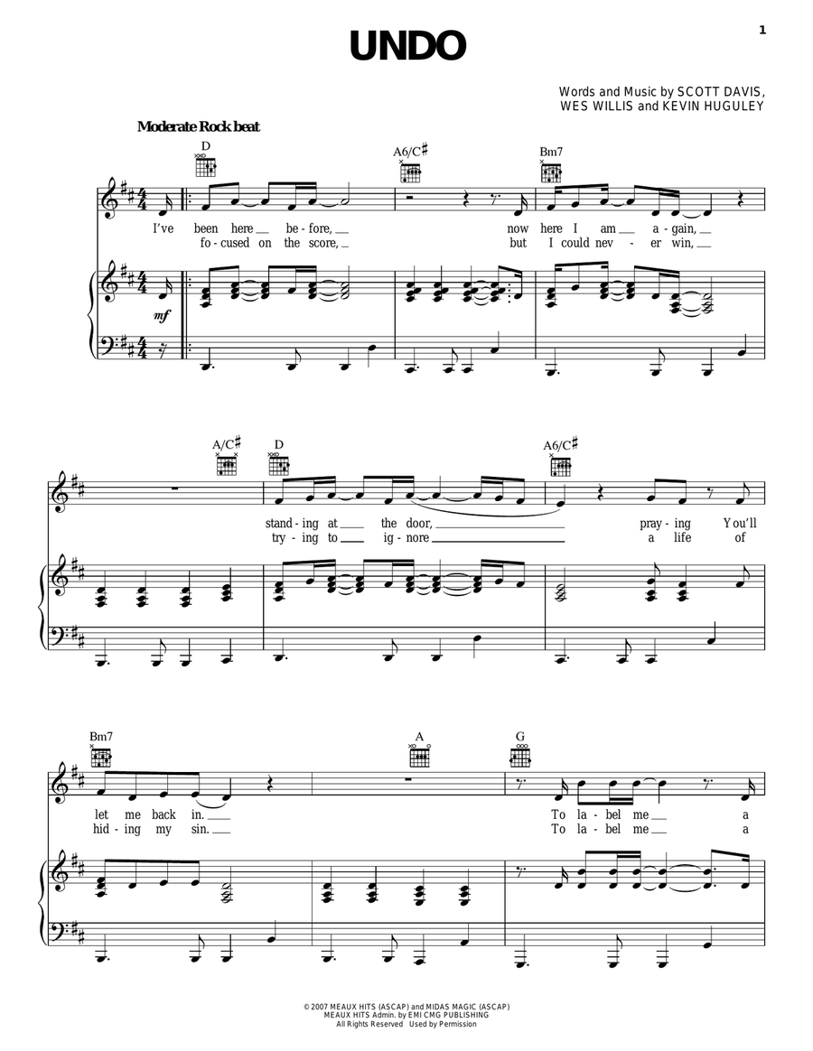 Undo Piano, Vocal, Guitar scores gallery preview page 1
