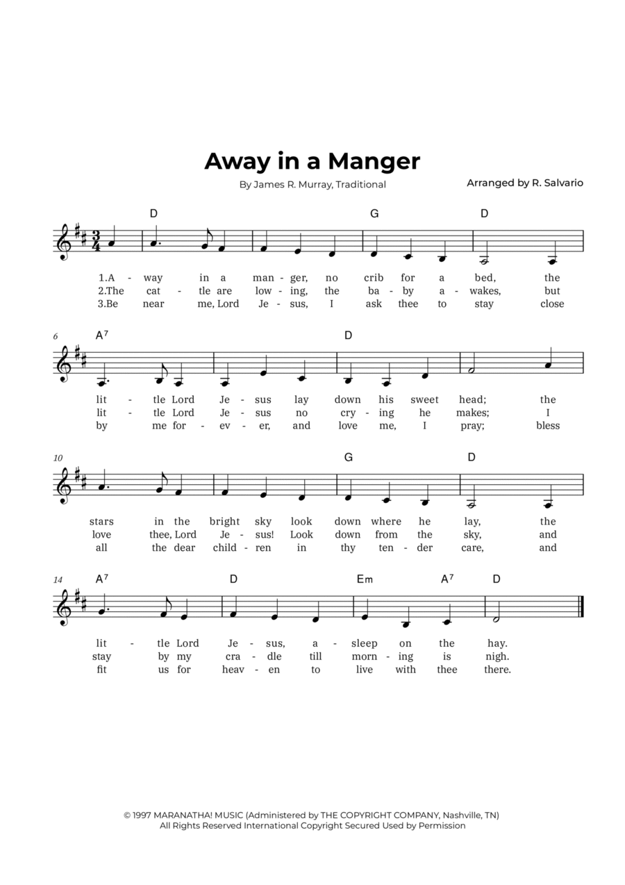 Away in a Manger (Key of D Major) Easy Piano scores gallery preview page 1