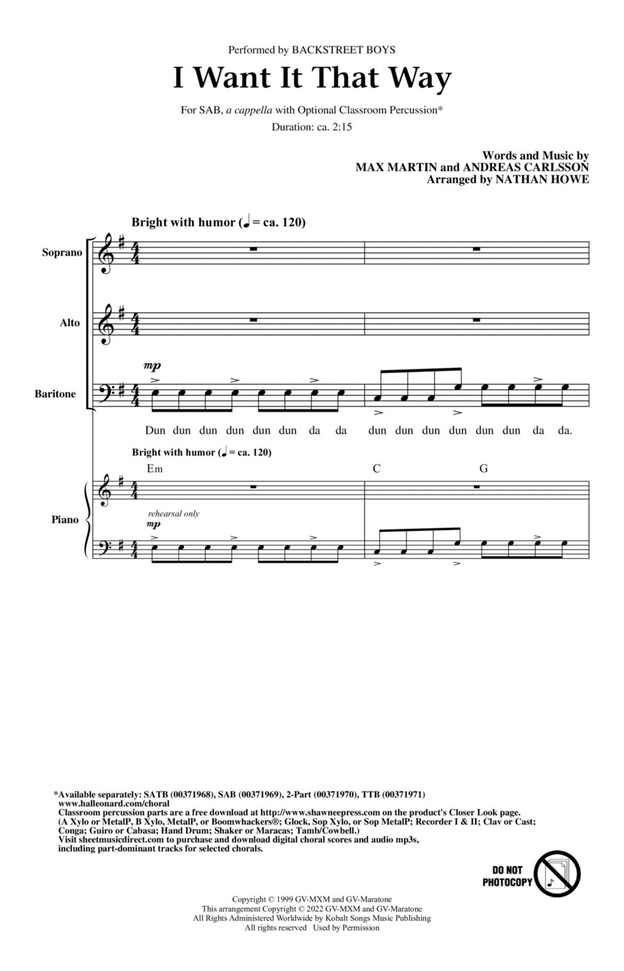 I Want It That Way (arr. Nathan Howe) 3-Part scores gallery preview page 1