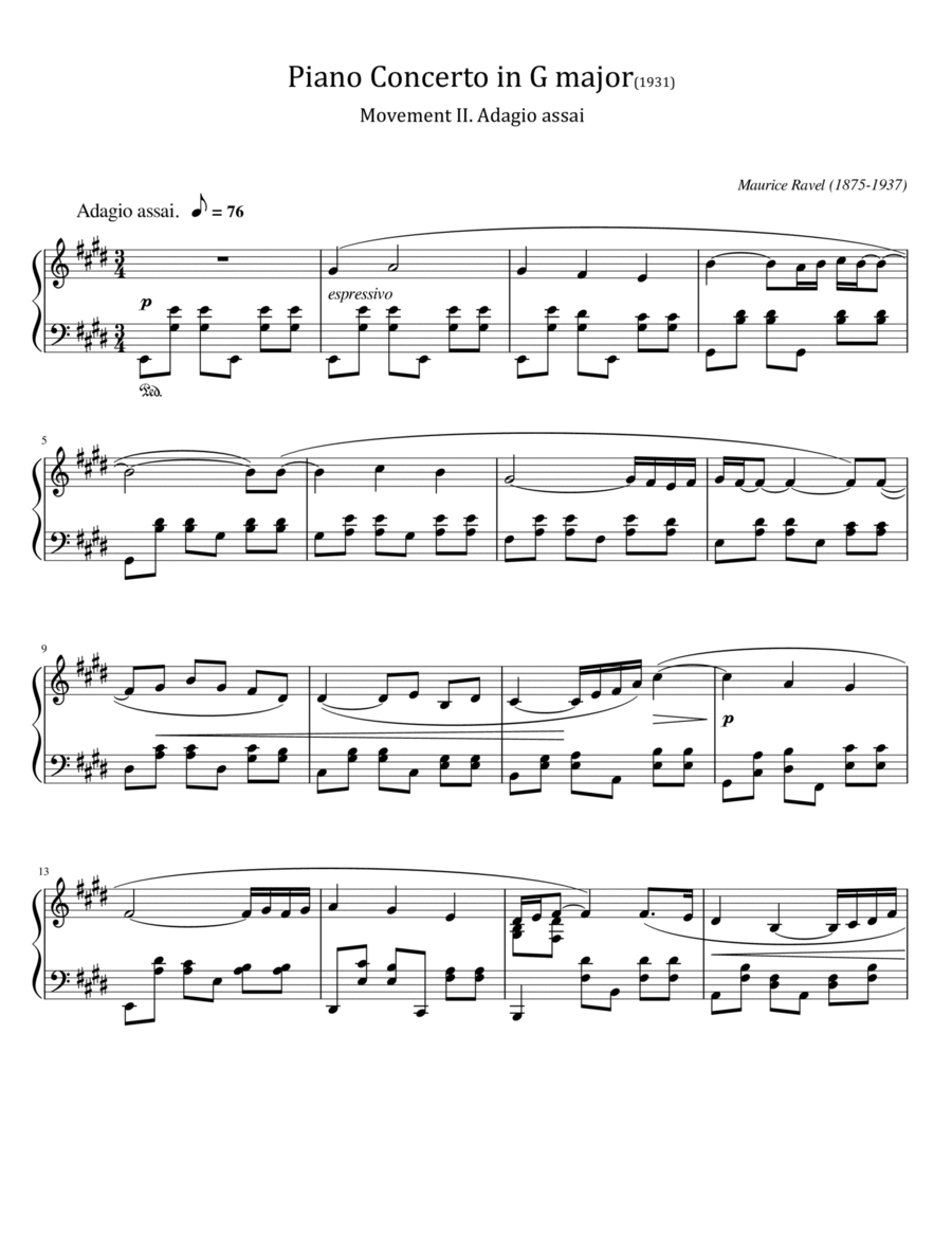 Ravel - Piano Concerto in G major - II. Adagio assai M.83 - For Solo Piano Original Piano Solo scores gallery preview page 1