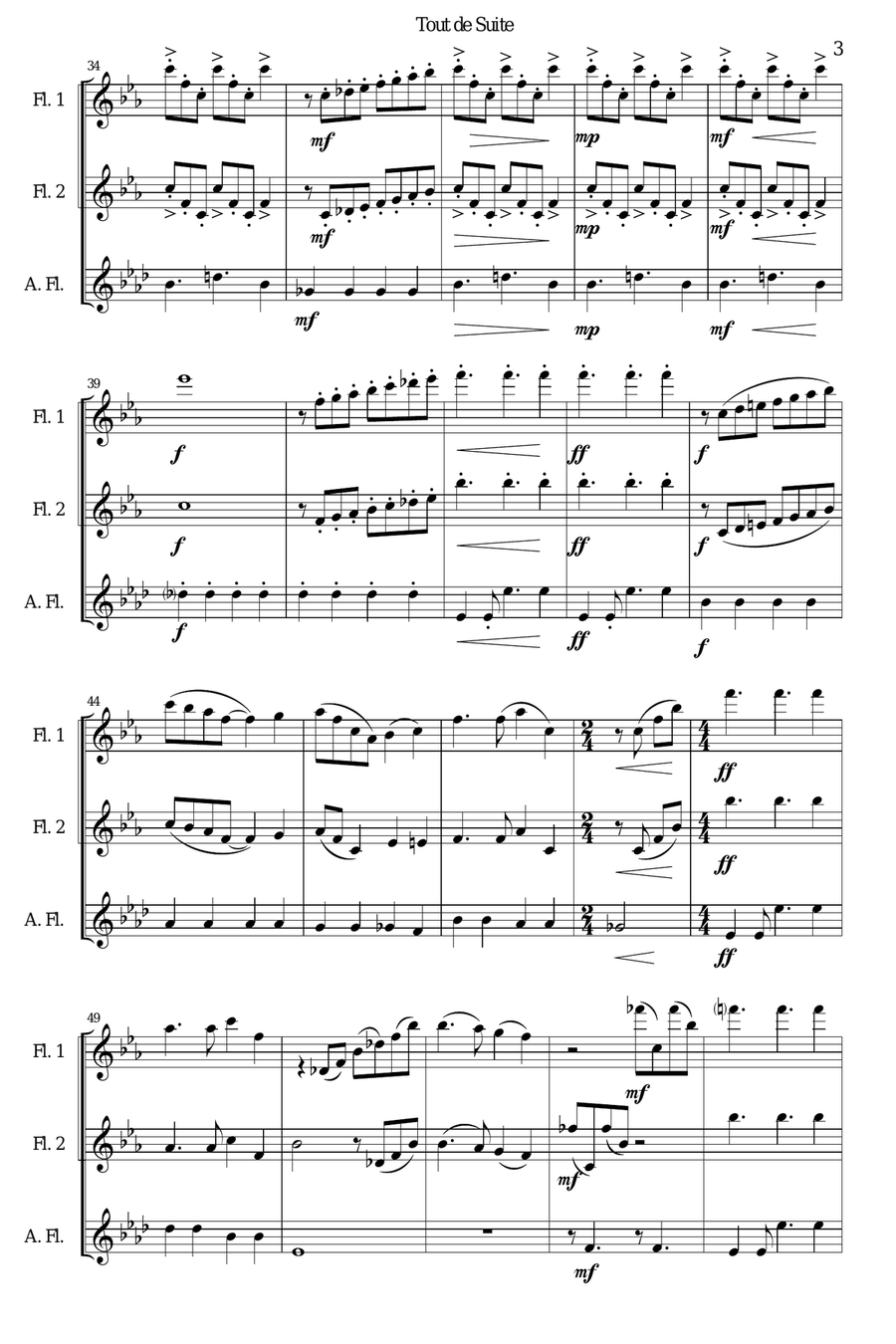 Tout de Suite (or Toot Sweet) for flute trio (2 flutes 1 alto flute) Flute Trio scores gallery preview page 3