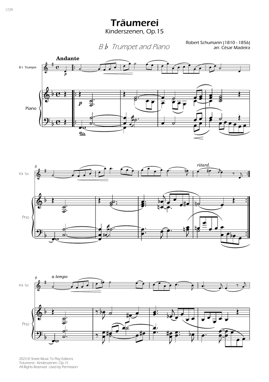 Traumerei by Schumann - Bb Trumpet and Piano (Full Score and Parts) B-Flat Trumpet scores gallery preview page 3