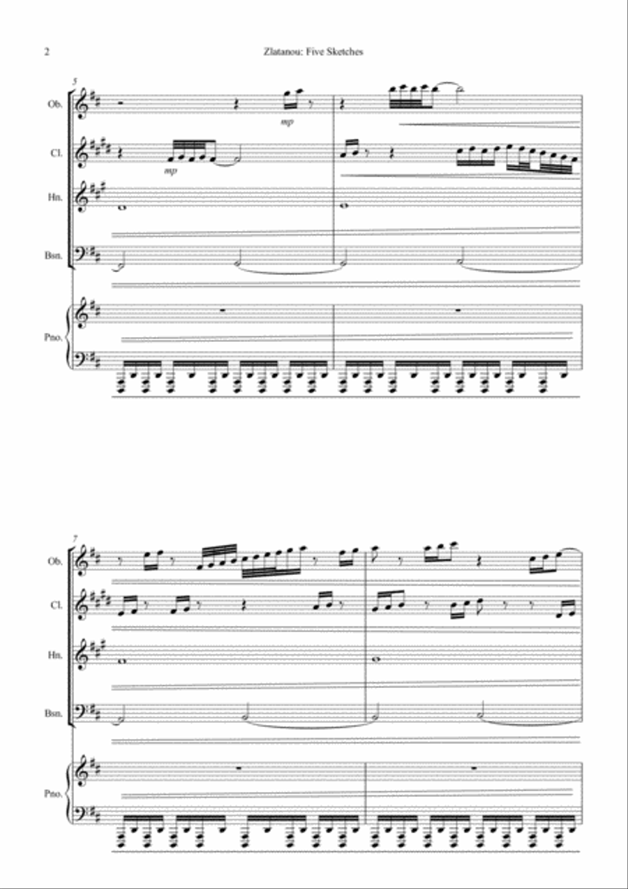 FIVE SKETSCHES, Quintet for Woodwinds (Oboe, Clarinet in Bb, Horn, Bassoon), and Piano Woodwind Quintet scores gallery preview page 2