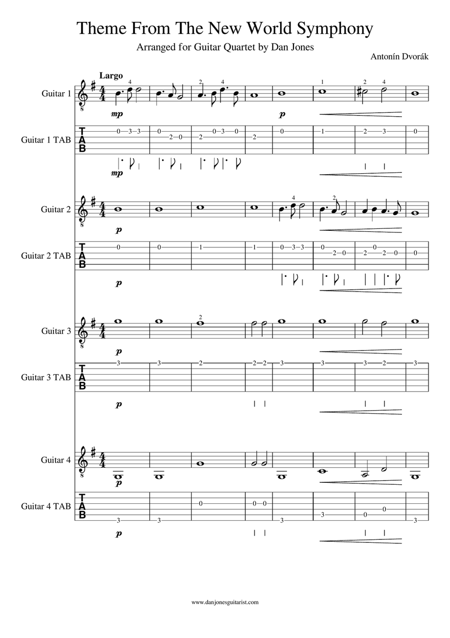 Antonin Dvorak - Theme From 'The New World Symphony' for Easy Guitar Quartet Guitar Ensemble scores gallery preview page 1