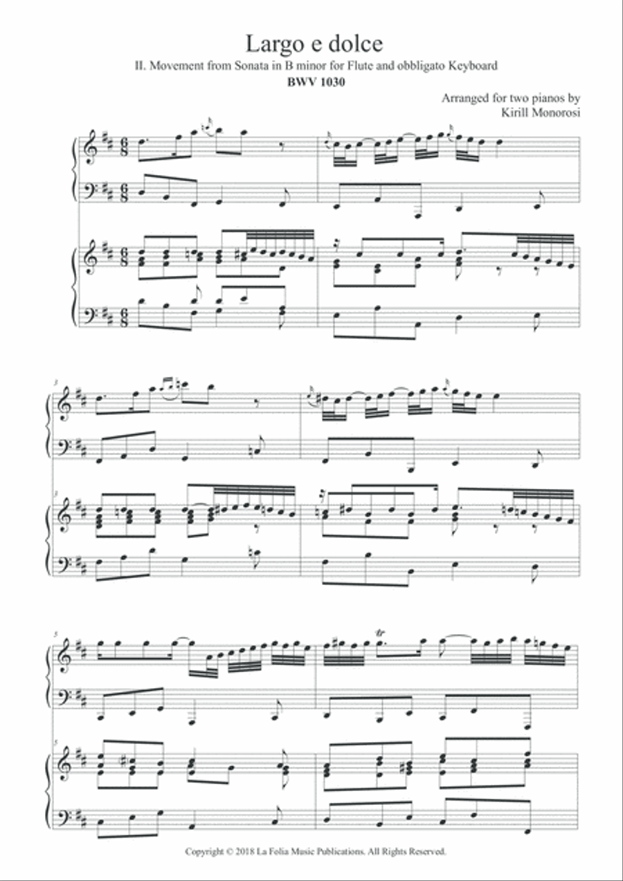 Largo e dolce from the Sonata in B minor, BWV 1030. Arranged for Two Pianos 2 Pianos, 4-Hands scores gallery preview page 2