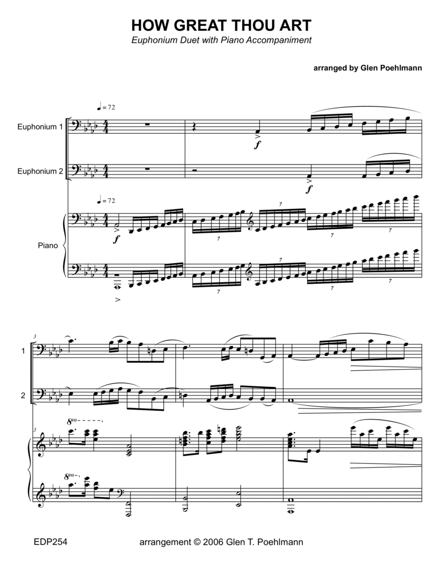 HOW GREAT THOU ART - Euphonium (Trombone) Duet with Piano Accompaniment Brass Duet scores gallery preview page 1