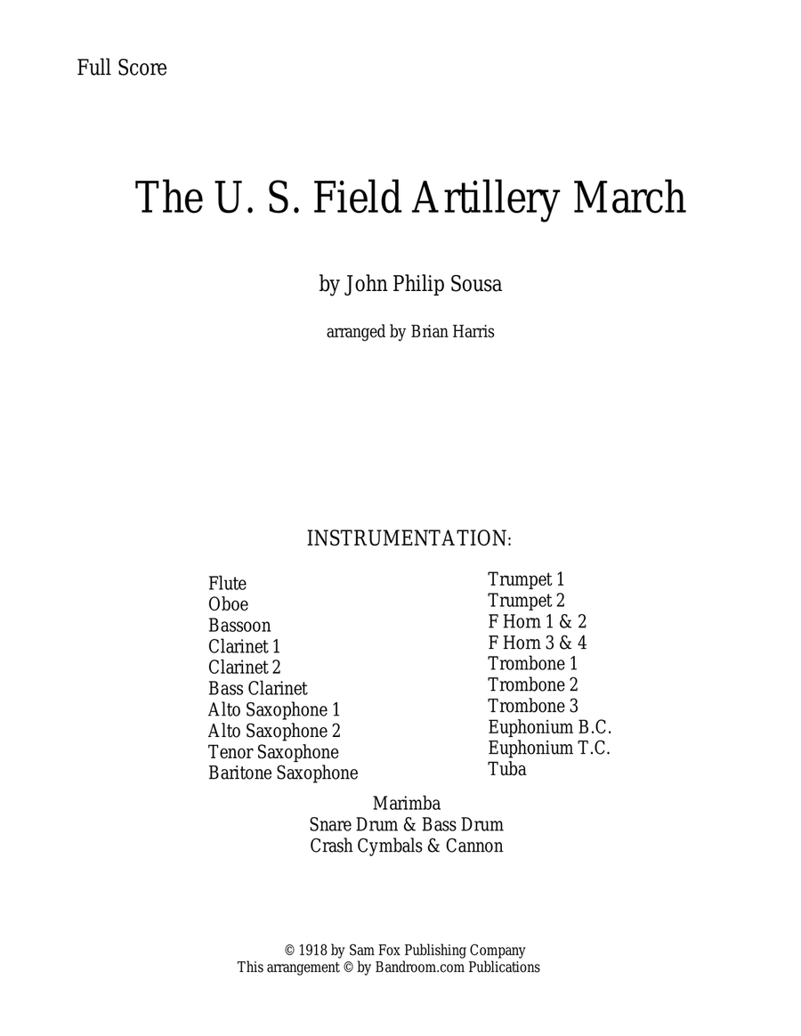 U.S. FIELD ARTILLERY MARCH (The US Army Song) - concert band - score, parts, & license to photocopy image number null