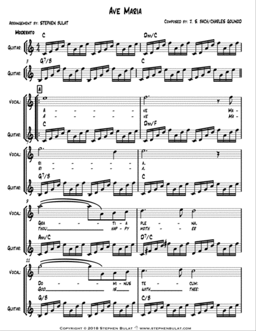 Ave Maria (Bach/Gounod) - arranged for duo (vocal/guitar, violin/guitar, flute/guitar) + lead sheet Large Ensemble scores gallery preview page 2