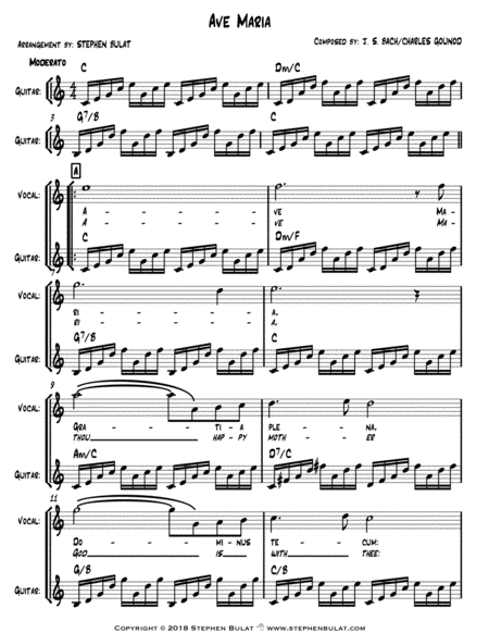 Ave Maria (Bach/Gounod) - arranged for duo (vocal/guitar, violin/guitar, flute/guitar) + lead sheet