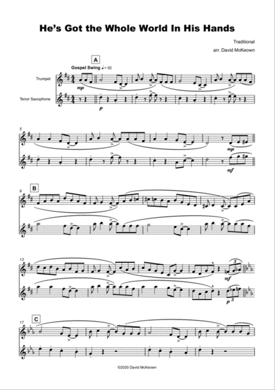 He's Got The Whole World in His Hands, Gospel Song for Trumpet and Tenor Saxophone Duet Saxophone Duet scores gallery preview page 2