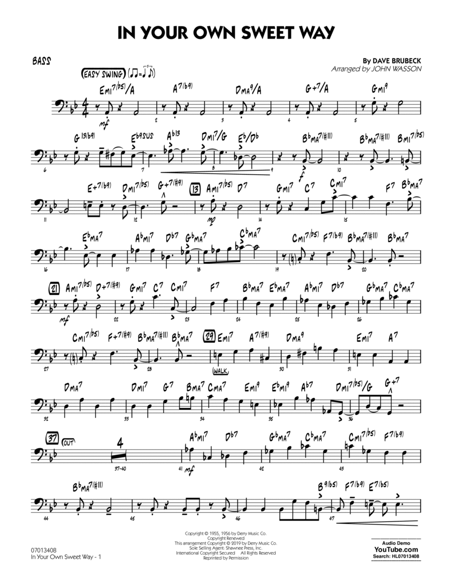 In Your Own Sweet Way (arr. John Wasson) - Bass Jazz Ensemble scores gallery preview page 1