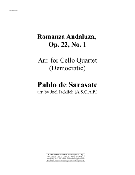 Romanza Andaluza, Op. 22, No. 1 for Cello Quartet image number null