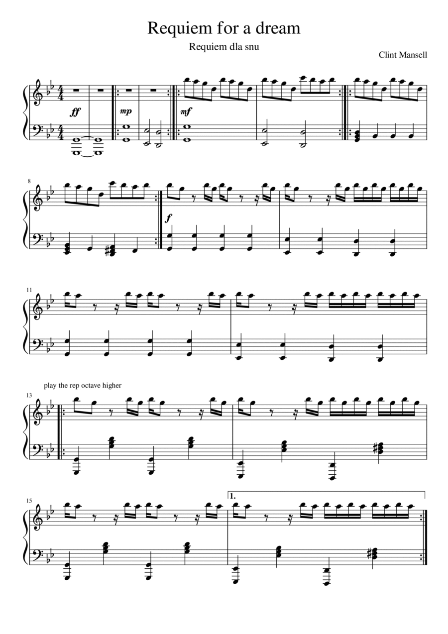 Requiem For A Dream Piano, Vocal, Guitar scores gallery preview page 1