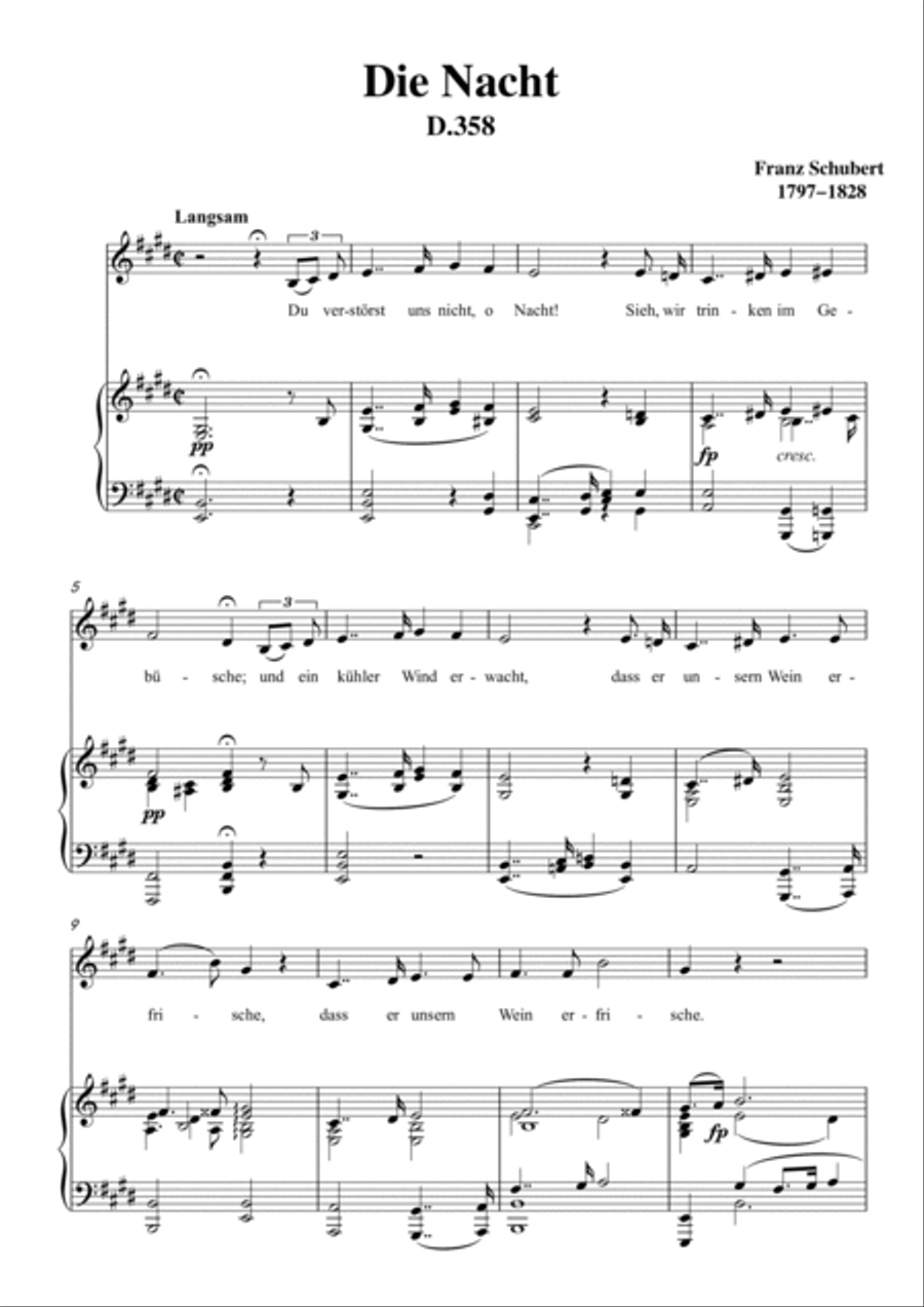 Schubert-Die Nacht in E D.358,for Vocal and Piano Voice scores gallery preview page 2