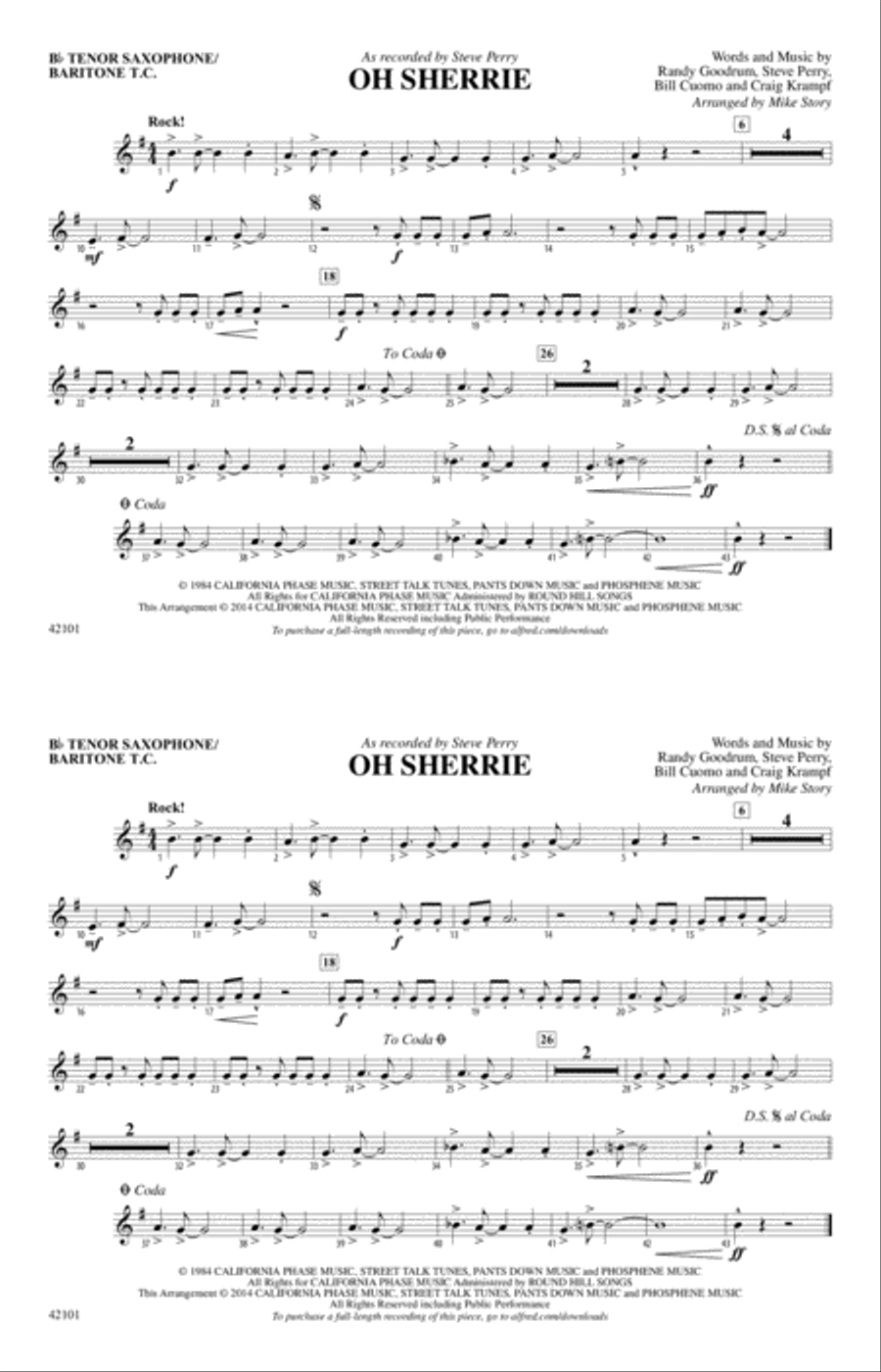 Oh Sherrie: Bb Tenor Saxophone/Bartione Treble Clef Marching Band scores gallery preview page 1