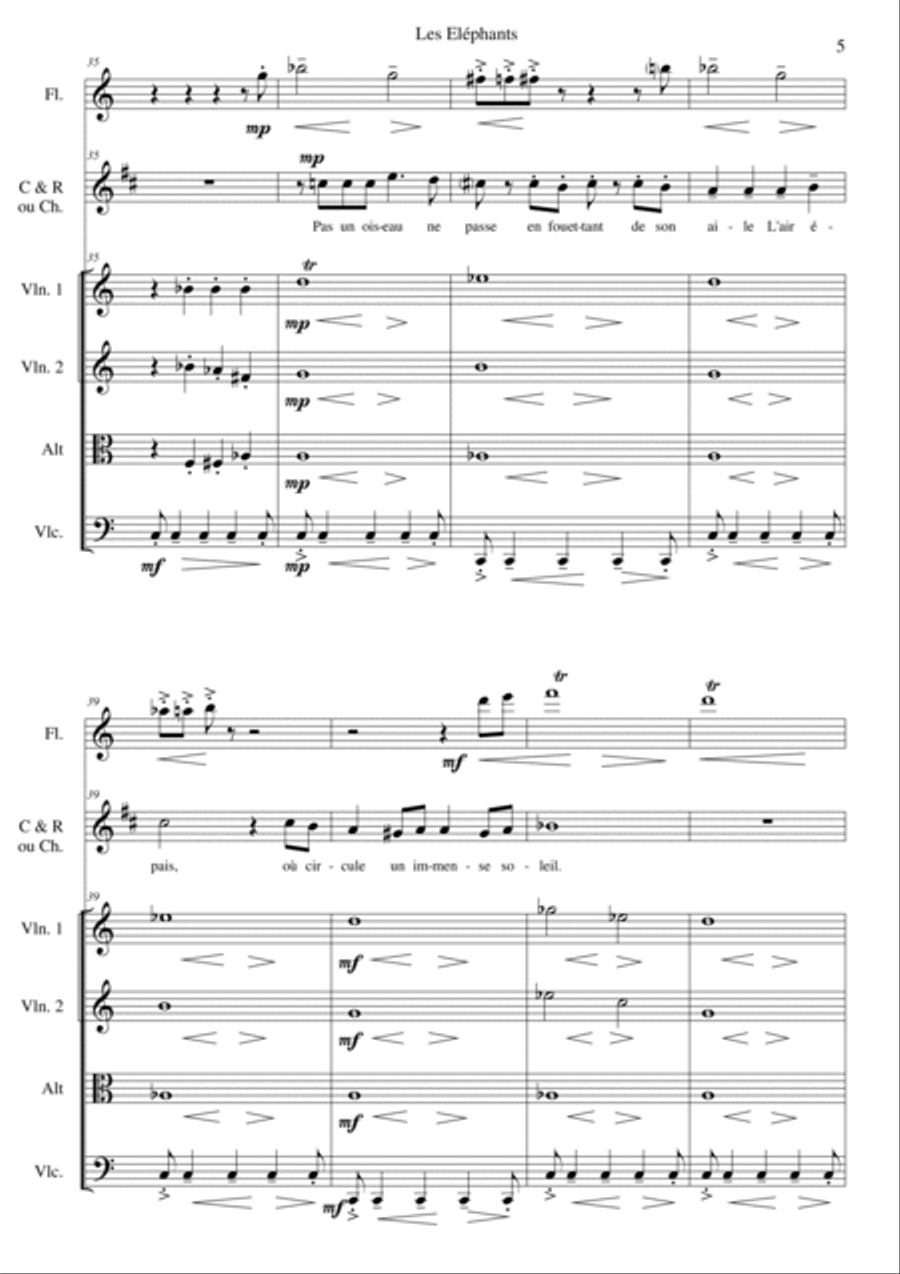 Les Eléphants (The Elephants) for voice, clarinet, flute and string quartet Choir scores gallery preview page 5