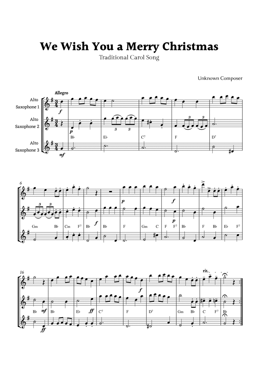 We Wish you a Merry Christmas for Alto Saxophone Trio with Chords Woodwind Trio scores gallery preview page 1