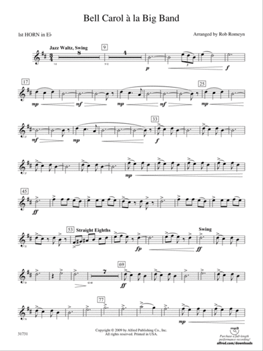 Bell Carol a la Big Band: (World Part) 1st Horn in E-flat Concert Band scores gallery preview page 1
