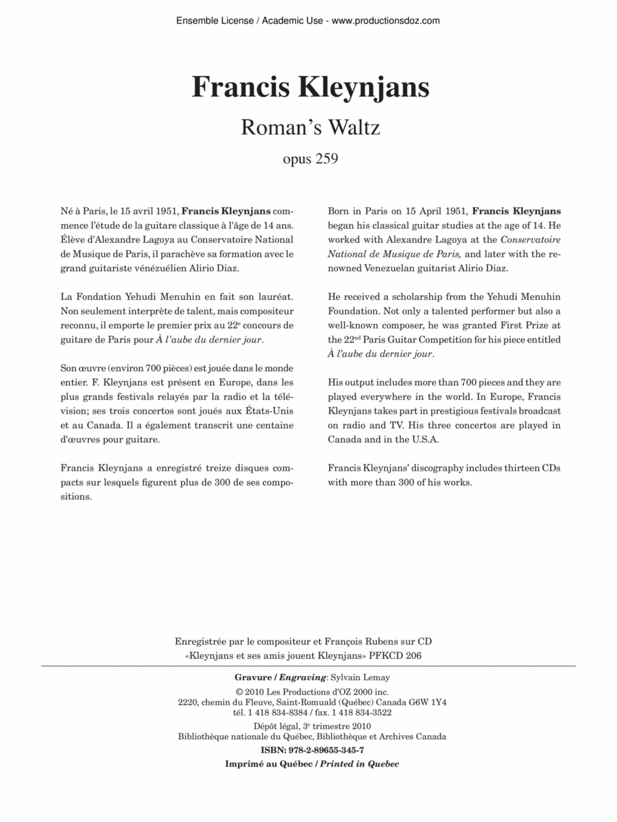Roman’s Waltz, opus 259 Roman’s Waltz, opus 259 Classical Guitar scores gallery preview page 1