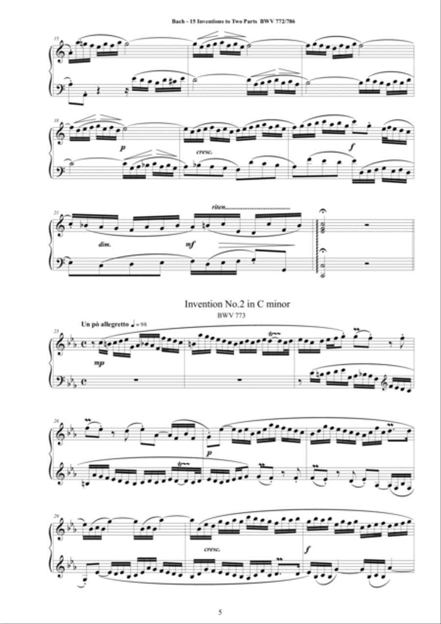 Bach - Inventions and Symphonies to 'Two and Three Parts' for Piano - Full scores 3-Part scores gallery preview page 5